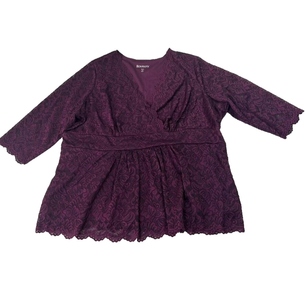 Roaman's Surplice Lace Top Womens Plus 1X 22/24 Dark Berry Side Zip Scallop Hem